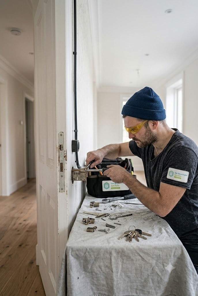 Slotenmaker werkt aan het sluitwerk van een witte deur